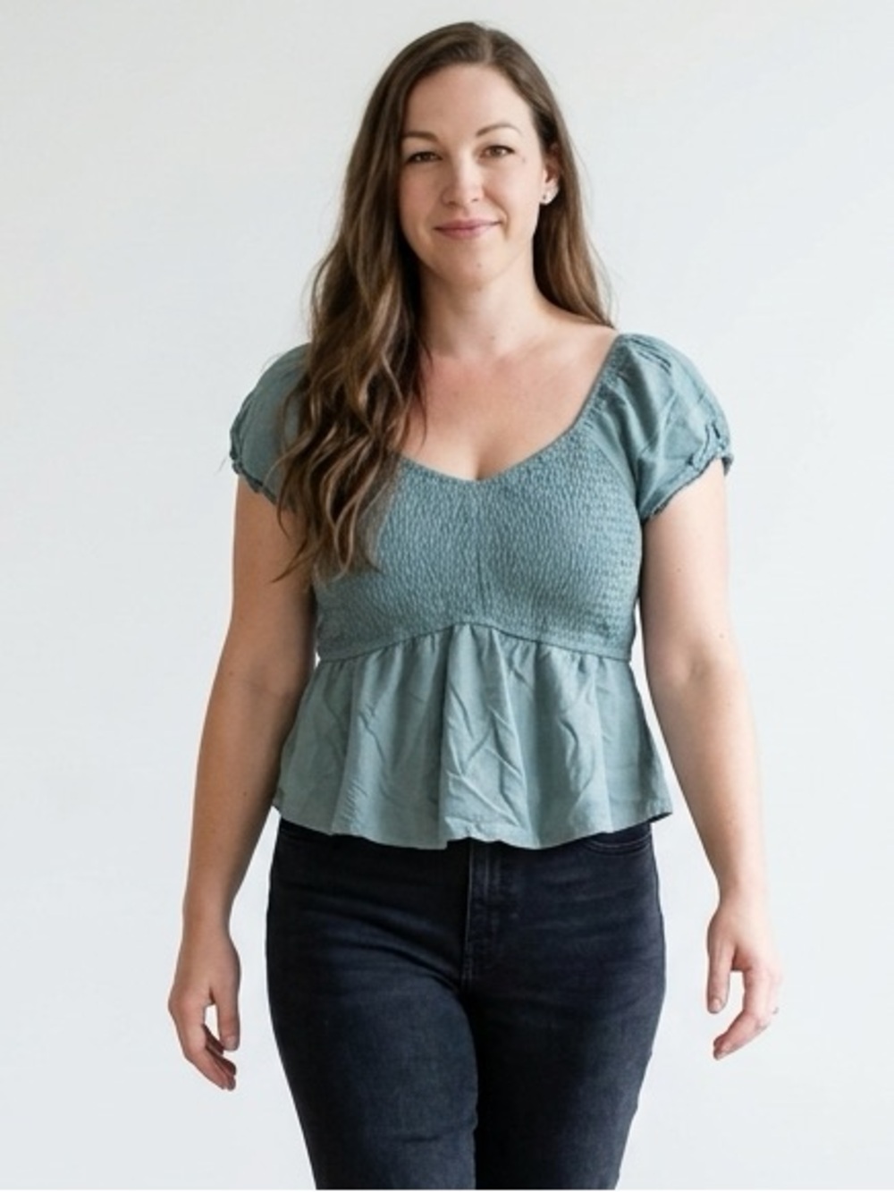 Aeropostale Sage Green Smocked Peplum Puff Sleeve Top Ribbed Blue Green Large